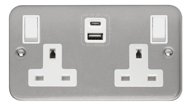 Click 2 Gang 13A USB Socket 1xUSB-A 1xUSB-C Metal Clad