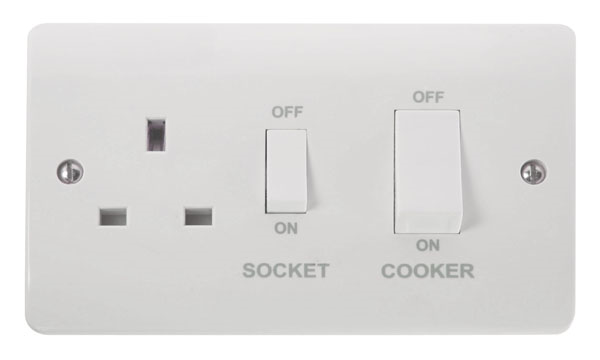 Click 2 Gang 45A DP Cooker Switch C/W 13A Socket White