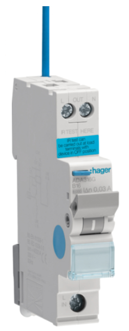 Hager RCBO B Curve Type A 16amp 30mA 6kA