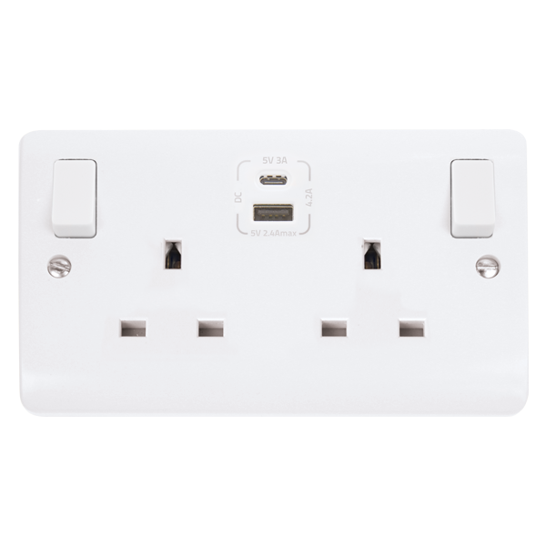 Click 2 Gang 13A USB Socket 1xUSB-A 1xUSB-C White