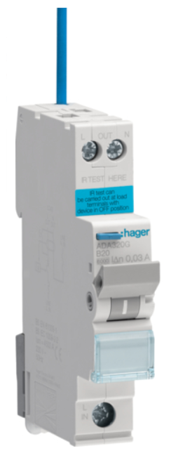 Hager RCBO B Curve Type A 20amp 30mA 6kA