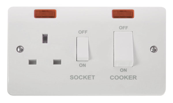 Click 2 Gang 45A DP Neon Cooker Switch C/W 13A Socket White