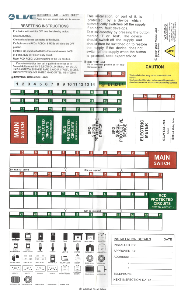 Live CULABEL Domestic Consumer Unit Label Pack