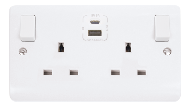 Click 2 Gang 13A USB Socket 1xUSB-A 1xUSB-C White
